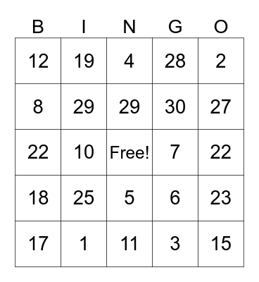 ADDITION and SUBTRACTION BINGO Card