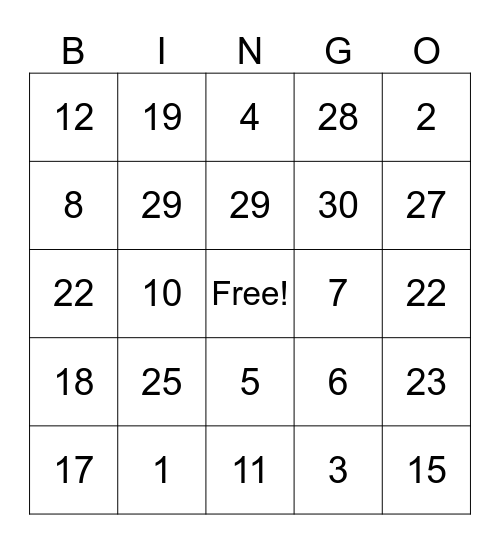 ADDITION and SUBTRACTION BINGO Card