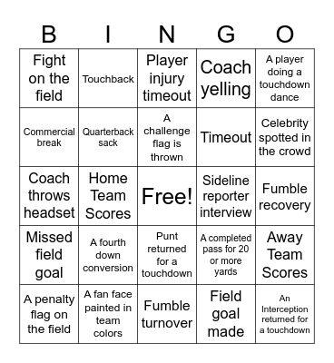 Football Game Bingo Card