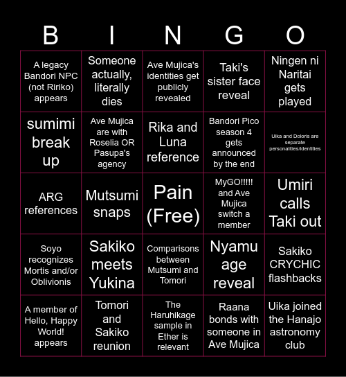 Ave Mujica anime bingo card Bingo Card