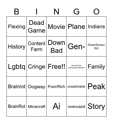 YT shorts Bingo Card