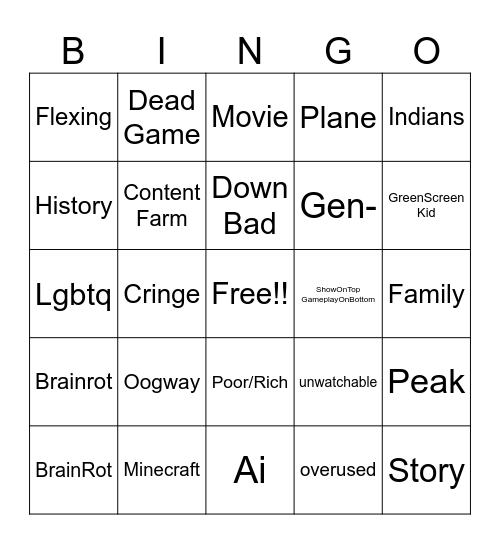 YT shorts Bingo Card