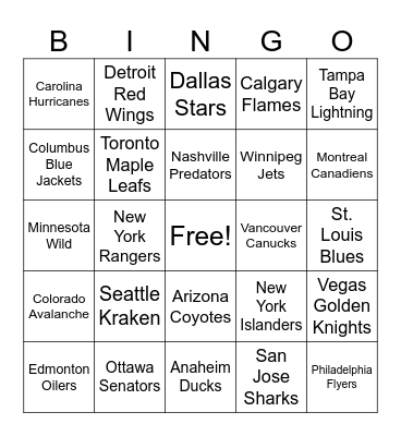 NHL Hockey Bingo Card