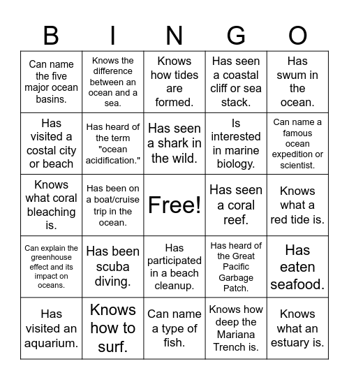 Oceanic Bingo Card