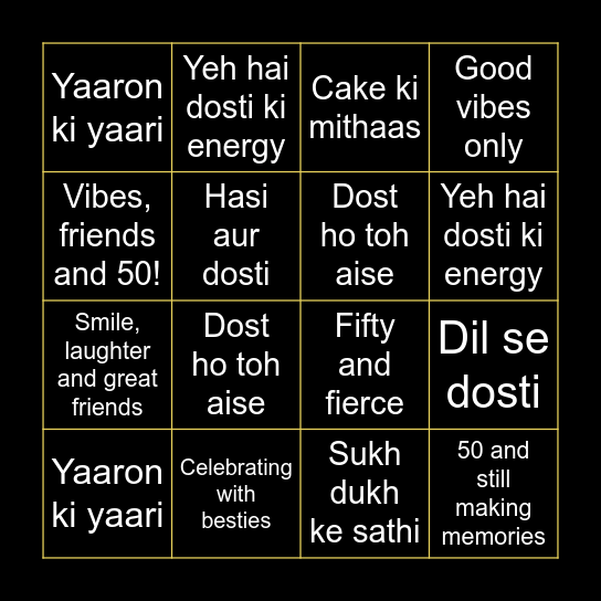 Sandhya's 50th Birthday Bingo Card