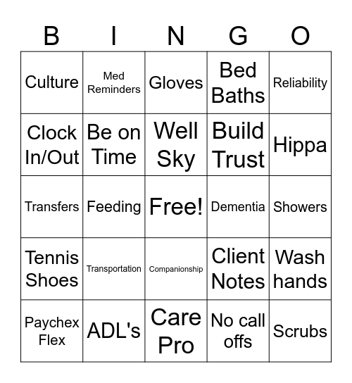 Home Instead Bingo Card