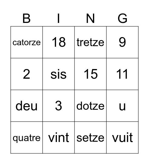 Els números del 0 al 20! Bingo Card