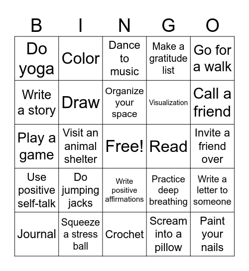 Coping skills Bingo Card