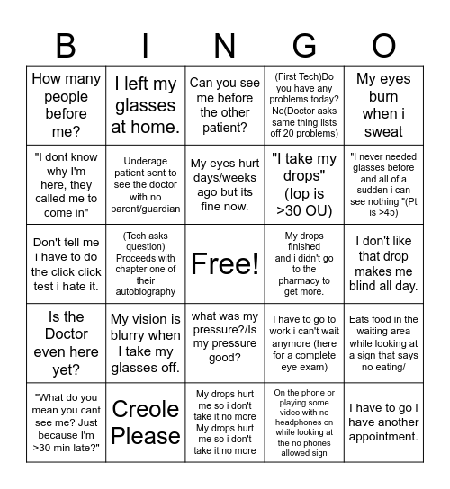 Ophthalmology Bingo Card