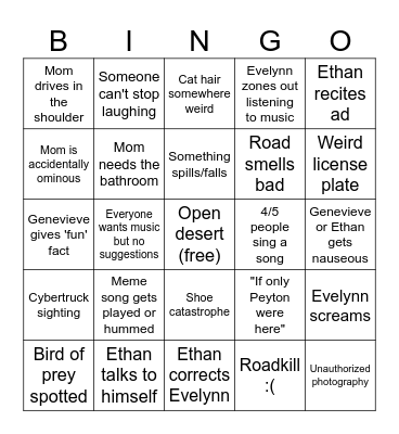The Regular Road Bingo Card