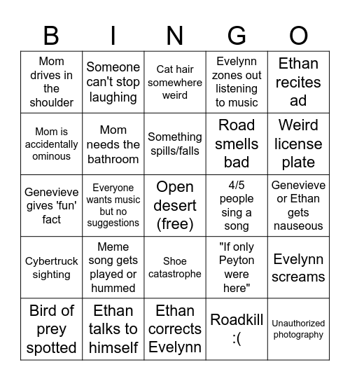 The Regular Road Bingo Card