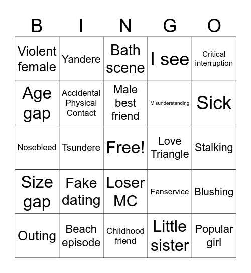 Romance Bingo Card