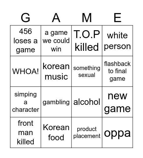 SQUID GAME Bingo Card