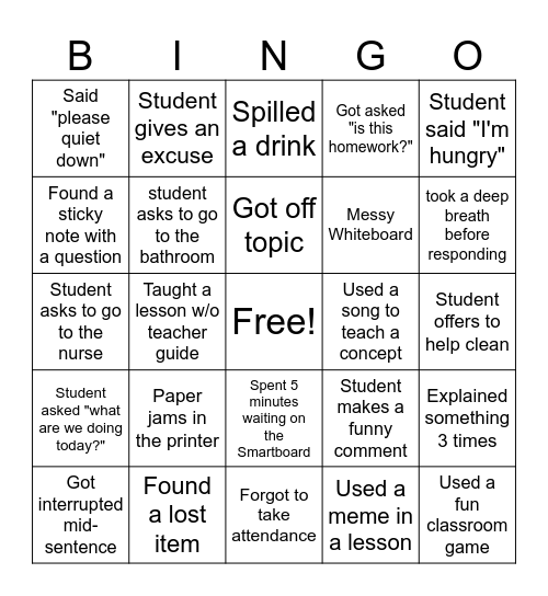 Teacher Bingo Card
