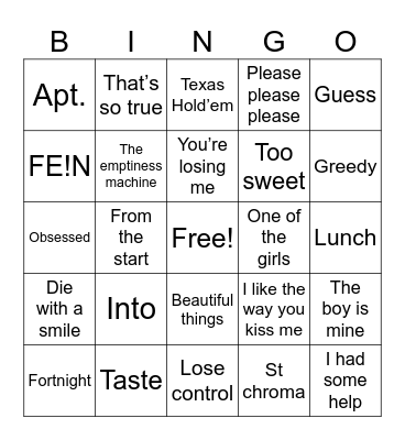 Tops Songs of 2024 Bingo Card