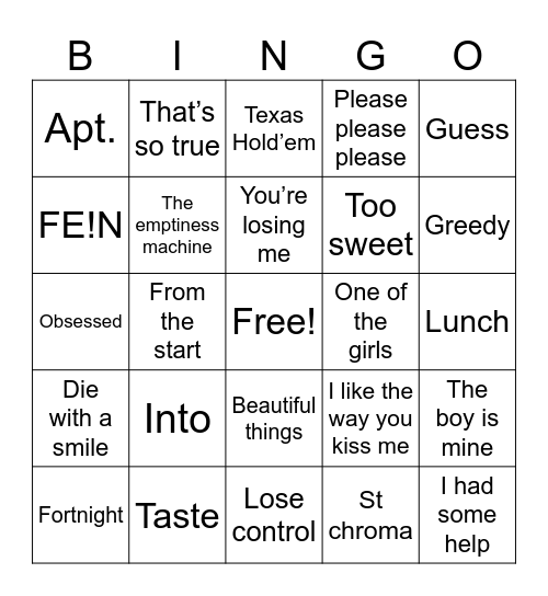 Tops Songs of 2024 Bingo Card