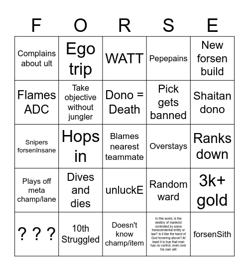 Forsen League Doubter 2025 Bingo Card