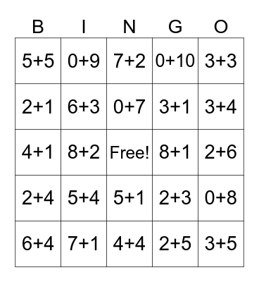 Math Facts to 10 Bingo Card