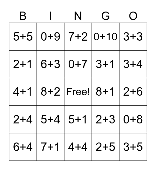 Math Facts to 10 Bingo Card