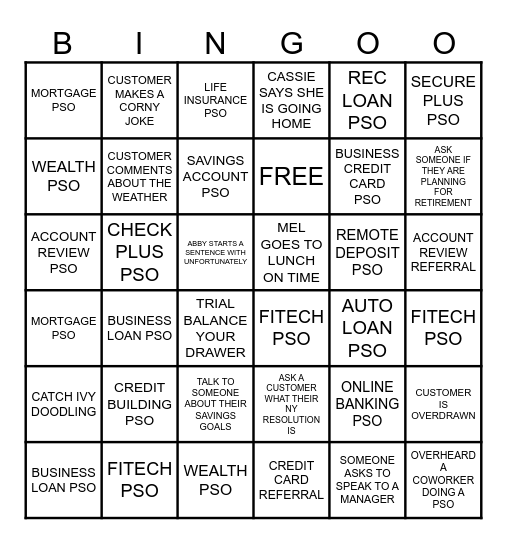 Banking Bingo Card