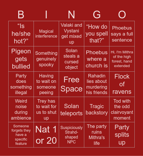 “Curse of Strahd” Bingo Card