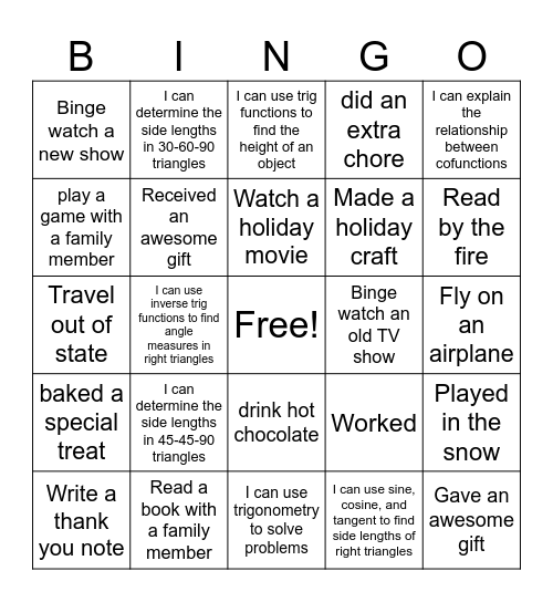 Winter Break Geometry Bingo Card