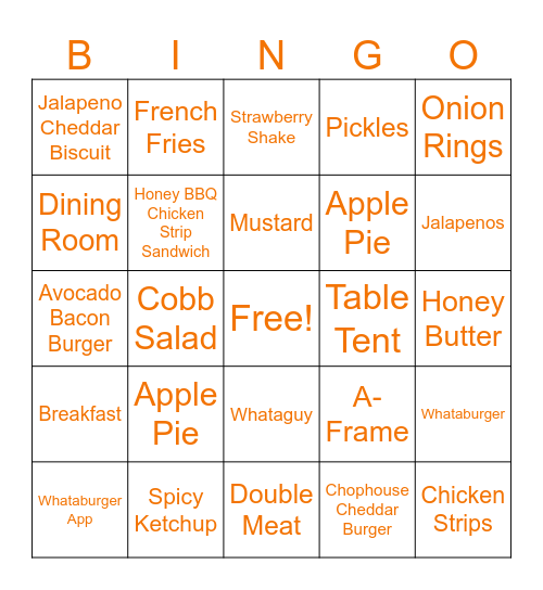 Whataburger BINGO Card