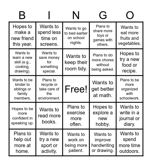 New Year's Resolution BINGO Card