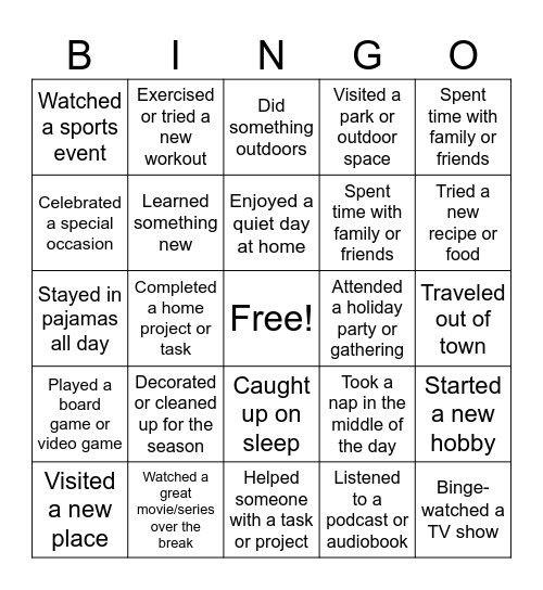 Bingo Holdiday Break Edition Bingo Card