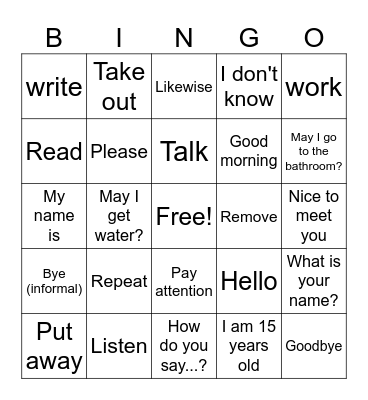 Classroom Phrases and Commands Bingo Card