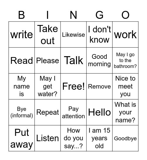 Classroom Phrases and Commands Bingo Card