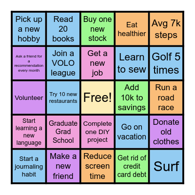 New Years Resolutions Bingo Card