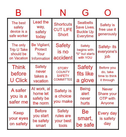 SAFETY SLOGAN Bingo Card