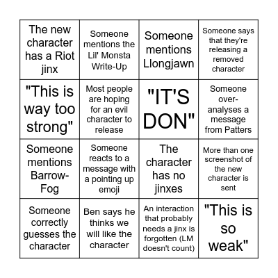 Character Release Bingo Card