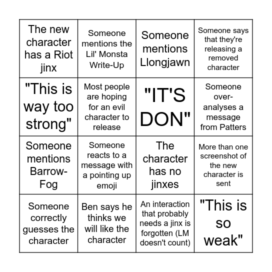 Character Release Bingo Card