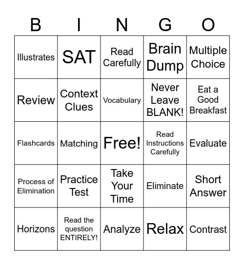 TEST PREP BINGO Card