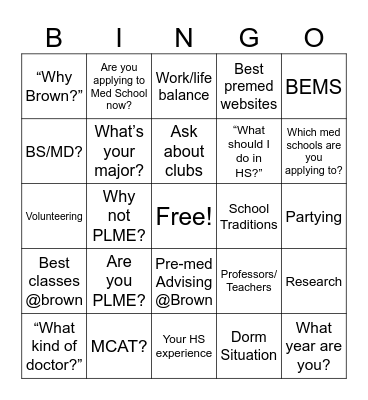 Little Premed Boy Bingo Card