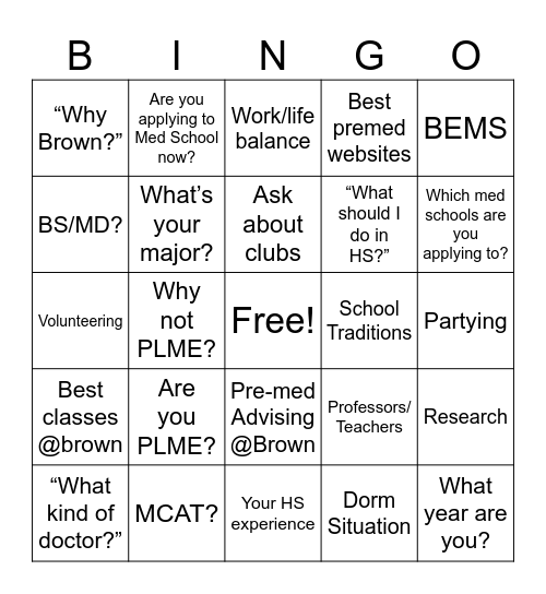 Little Premed Boy Bingo Card