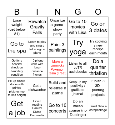 New Year's Resolution BINGO Card