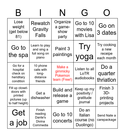 New Year's Resolution BINGO Card