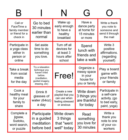 Wellness BINGO Board Bingo Card