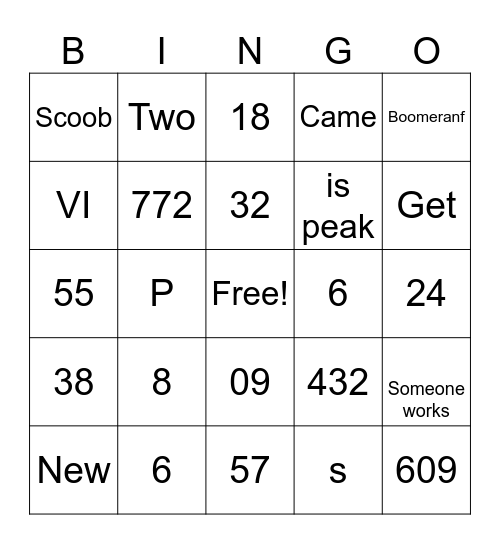 Numbers Bingo Card