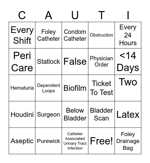 CAUTI Prevention Bingo Card