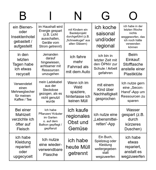 Nachhaltigkeits - Bingo Card