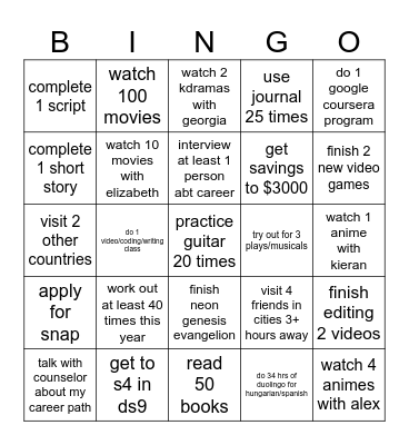 new years resolutions Bingo Card