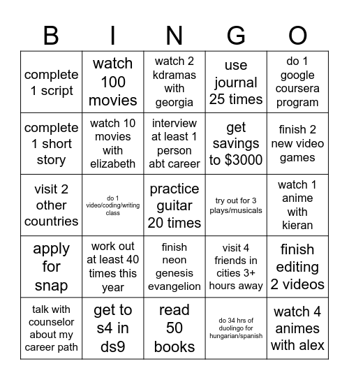 new years resolutions Bingo Card