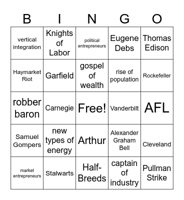 Gilded Age Bingo Card
