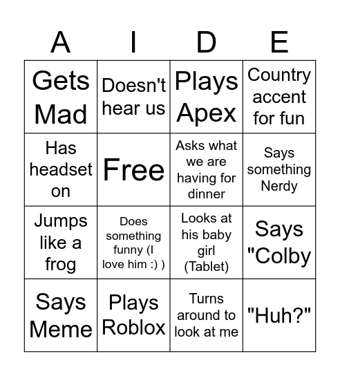 Aiden Bingo Card