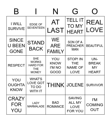 MUSIC BINGO - POP DIVAS Bingo Card