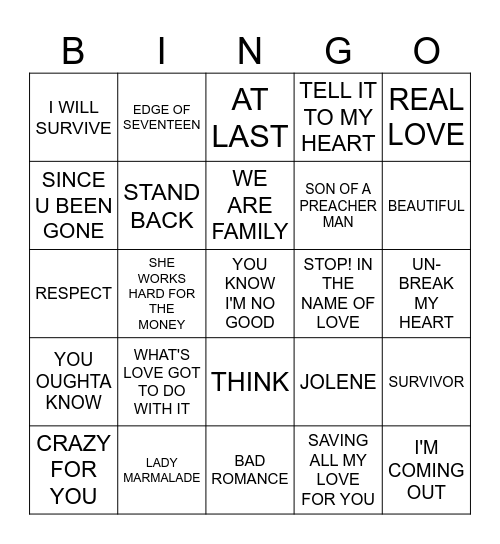 MUSIC BINGO - POP DIVAS Bingo Card